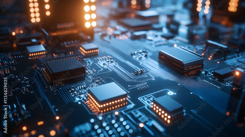 Poster close-up of a circuit board with microchips and glowing components.