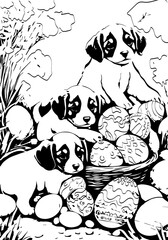 Puppies in the garden with Easter eggs
