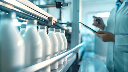 Quality Control Inspector Evaluating Eco-Friendly Products on Production Line with Modern Machinery and Copy Space