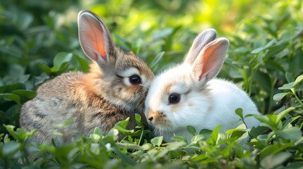 Fototapeta premium Two Adorable Rabbits Cuddling Together in a Lush Green Meadow