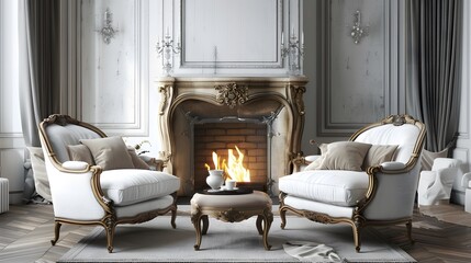 Elegant Living Room with White Vintage Chairs and Cozy Fireplace