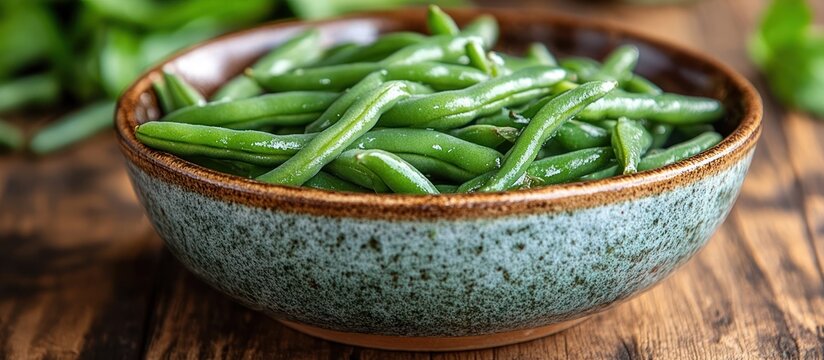 Bowl of cooked green beans on wooden table.