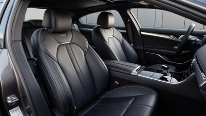 The front seats and headrests in this modern car interior are incredibly comfortable, with sleek black leather upholstery and an elegant design perfect for a luxurious ride