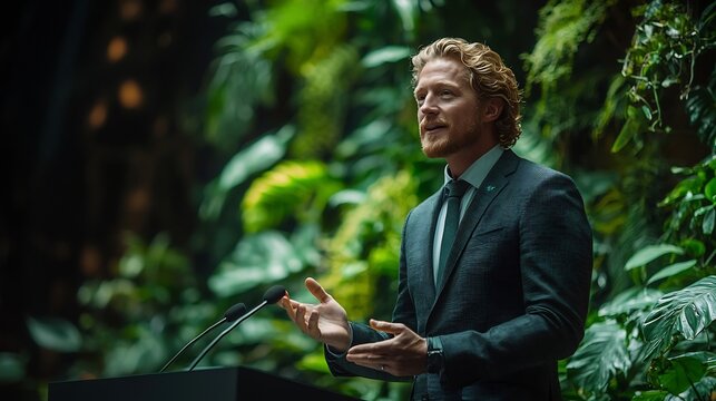 CEO Delivering Sustainability Speech with Holographic Visuals at Business Conference