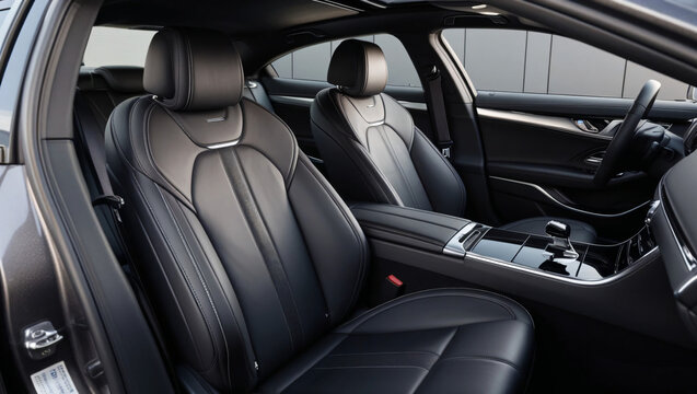 The front seats and headrests in this modern car interior are incredibly comfortable, with sleek black leather upholstery and an elegant design perfect for a luxurious ride