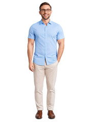 Fototapeta premium Man with glasses, surprised look, wide smile, casual shirt, transparent background.