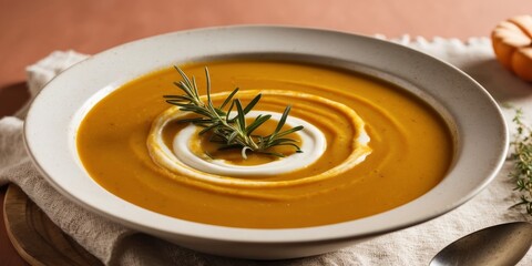 Gourmet Pumpkin Soup with Cream Swirl and Fresh Herbs for Autumn Delights