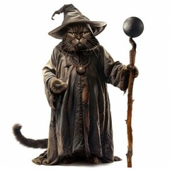 Fototapeta premium Tabby cat dressed as a wizard, holding a staff and wearing a robe, embodies fantasy and magic