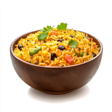 Pulihora rice dish on bowl isolated on white background.