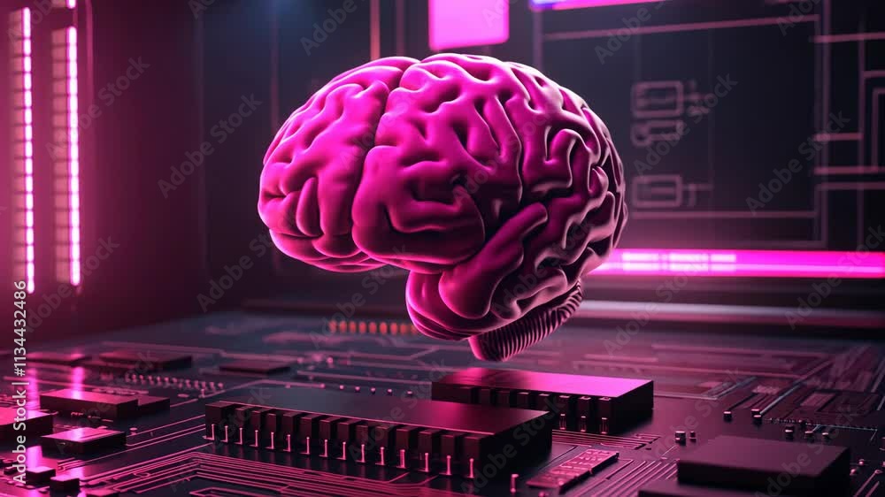 Aufkleber neon brain suspended above circuit board symbolizes advanced technology and artificial intelligence 
