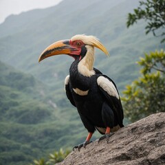 Obraz premium A hornbill standing on a rock, with its large beak tilted upward, against a white background.