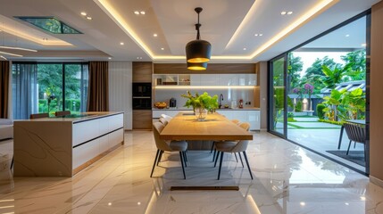 Luxury modern kitchen counter and dining room, area. Interior design.