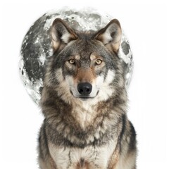 Fototapeta premium Portrait of a beautiful wolf with intense gaze, posing against backdrop of a full moon