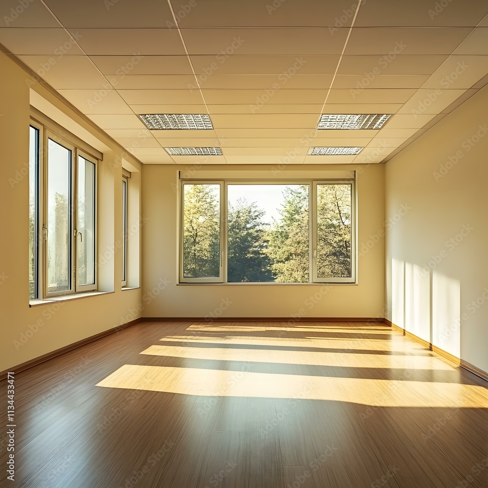 Poster empty room with large window and sunlight streaming through