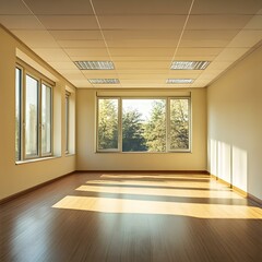 Fototapeta premium Empty Room with Large Window and Sunlight Streaming Through