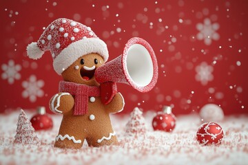 3D render of a gingerbread man holding a megaphone on a red background with snowflakes