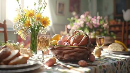 Family Easter Dinner Setting with Traditional Foods