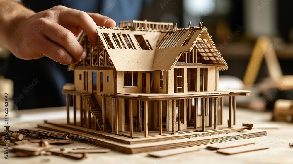 Poster hands working on miniature architectural building model