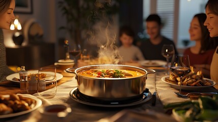 Family Enjoying a Homemade Thai Dinner with a Spread of Dishes
