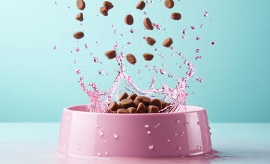 A pink dog bowl with splashes of pink water, in the center there is brown cat food falling