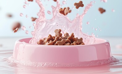 A pink dog bowl with splashes of pink water, in the center there is brown cat food falling