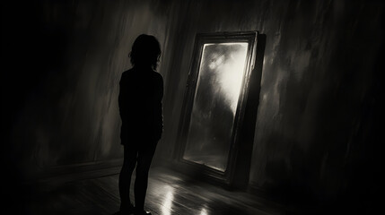 Haunting Silhouette of a Woman Facing an Old Mirror in a Shadowy, Vintage Room