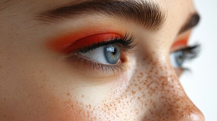 A close-up of a person's eye showcasing vibrant makeup and freckles.