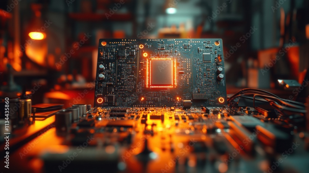 Poster circuit board with illuminated processor in a workshop