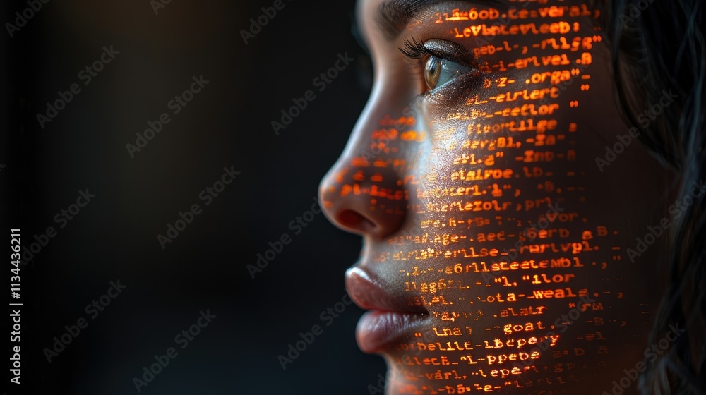 Poster a profile of a person with digital code projected on their face, symbolizing technology and identity