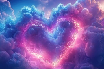 Colorful heart-shaped clouds in the sky, with pink and blue hues, in the style of fantasy
