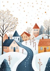 Cute, pastel, cozy winter illustration with houses, trees, and a road, in the style of a clipart design
