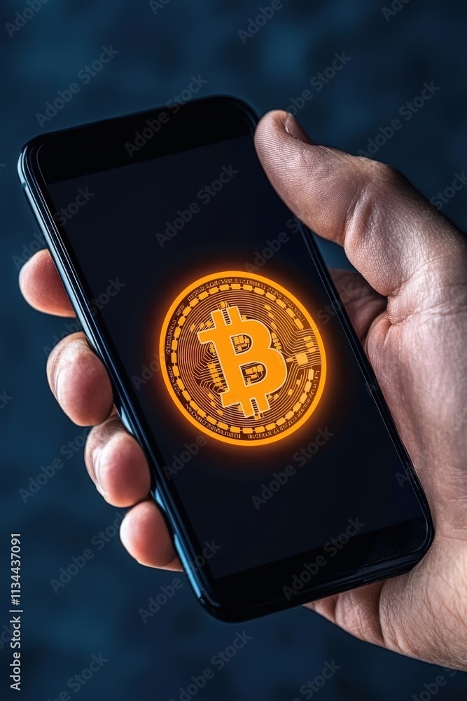 Poster a phishing scam text message displayed on a smartphone, targeting bitcoin users.