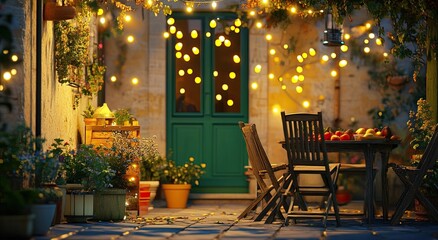 Obraz premium A cozy garden patio with twinkling fairy lights, lush greenery, and an outdoor table set for two