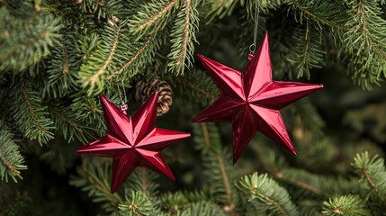 Close-up of vibrant red star-shaped Christmas decorations hanging on lush green pine tree branches, festive holiday ornamentation, traditional seasonal decor, winter celebration ambiance