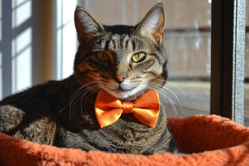 Cat in bright bow tie relaxing in sunny spot