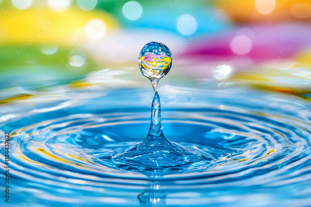 Poster close-up of a water drop impacting a surface, creating concentric ripples against a colorful bokeh b