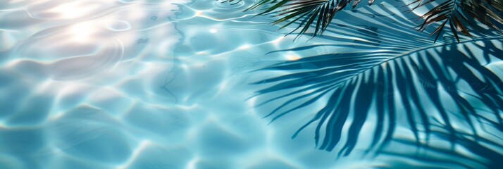 Obraz premium Palm tree shadows on blue water background, palm branch on beach pattern, lagoon, coral sand, paradise