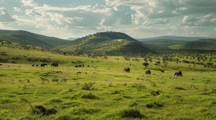 Elephants roam gracefully through a serene savannah landscape under a vast sky