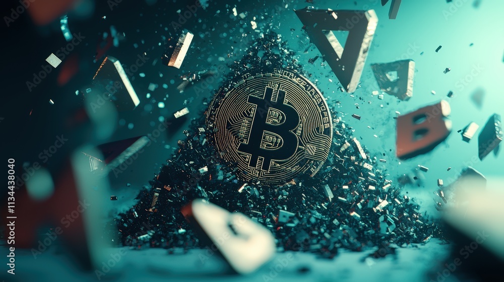 Poster a pyramid of bitcoin symbols collapsing, representing a ponzi scheme.