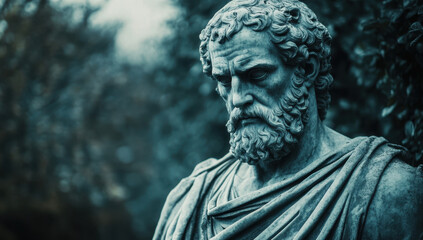 Obraz premium A detailed statue of a philosopher with a long beard and contemplative expression stands amidst greenery. The serene atmosphere evokes feelings of deep thought and reflection.