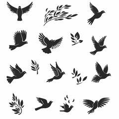 Obraz premium Peace dove graffiti, pigeons, twigs ink illustration. Flying birds silhouettes monochrome flat icons
