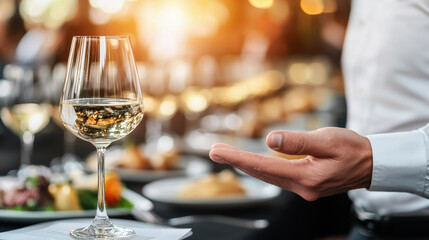 Obraz premium Elegant business mixer with glass of white wine, showcasing refined ambiance and attentive service