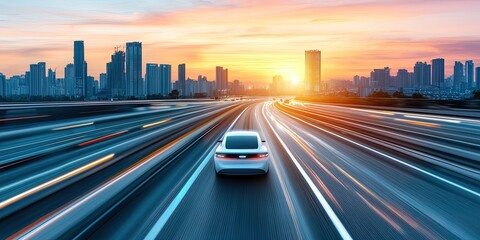 Obraz premium Electric cars electricity autonomous concept. A car driving on a busy highway at sunset with a vibrant city skyline in the background.