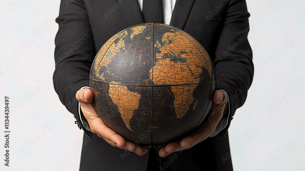 Poster global business concept with globe and network connections in hands