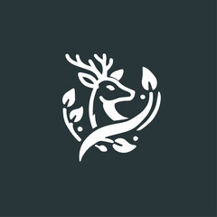 Elegant white deer head logo on a dark background. Deer Silhouette Logo with Circle Design - Wildlife and Nature Symbol.