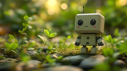 Toy robot exploring lush green grass in sunlight