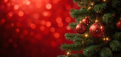 Obraz premium Christmas Tree In Red Shiny Glittering Background - Baubles Hanging On Fir With Abstract Lights