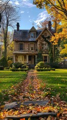 Charming stone house surrounded by autumn trees