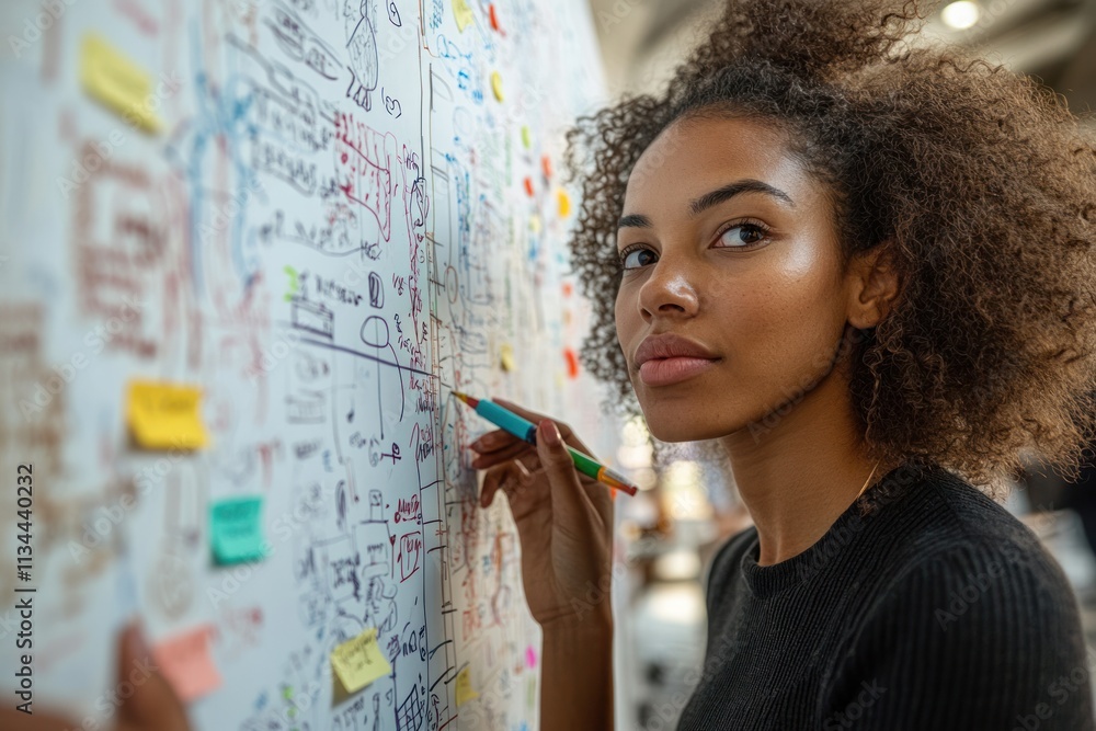 Poster woman analyzing a complex chart with colorful notes