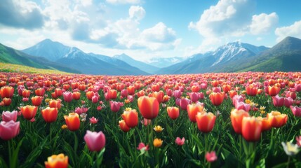 Field of vibrant red tulips with a snowy mountain backdrop
